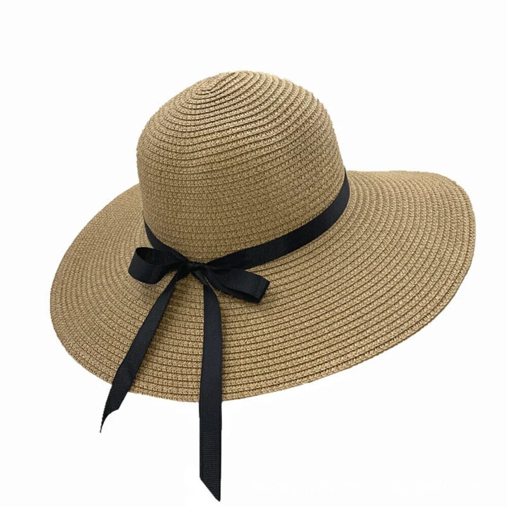 Beach Straw Hat With Bowtie In Khaki - Picture 1 of 4